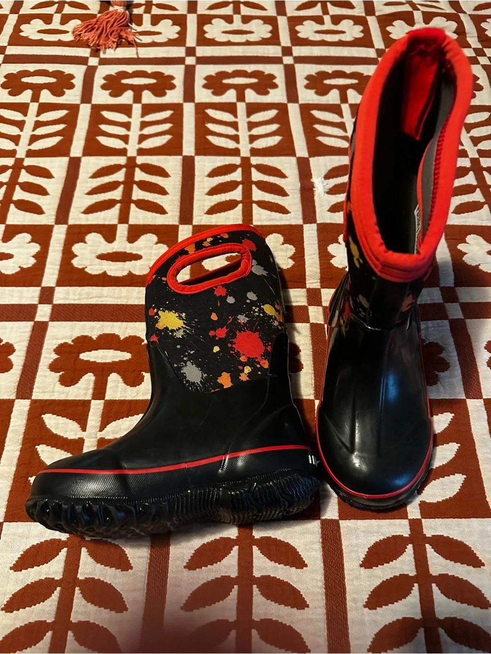 Bogs Kids’ Rain Boots - Black with Red Trim and Colorful Paint Splatter